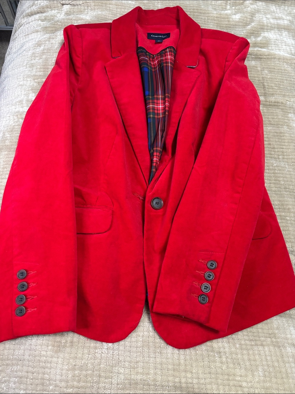 Charter Club Red Velvet Blazer with Plaid Lining